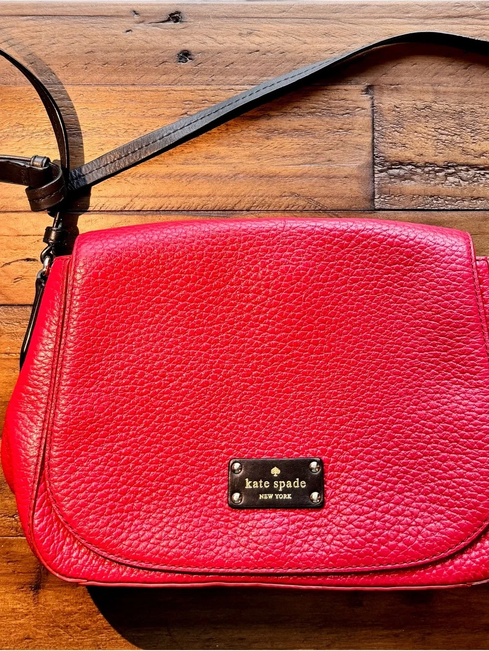 kate spade Red Pebbled Leather Crossbody with Black Strap